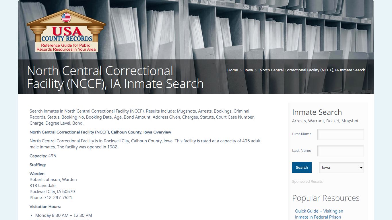 North Central Correctional Facility (NCCF), IA Inmate Search