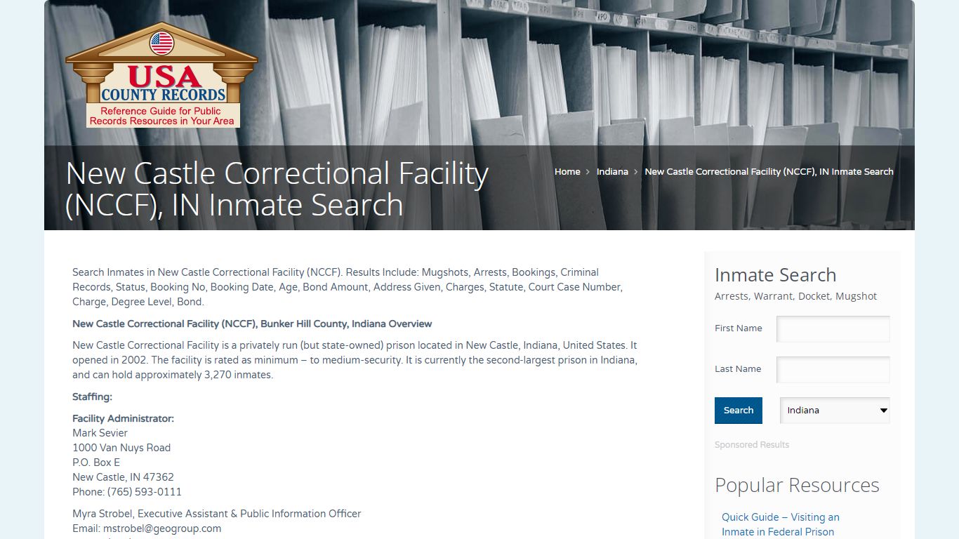 New Castle Correctional Facility (NCCF), IN Inmate Search